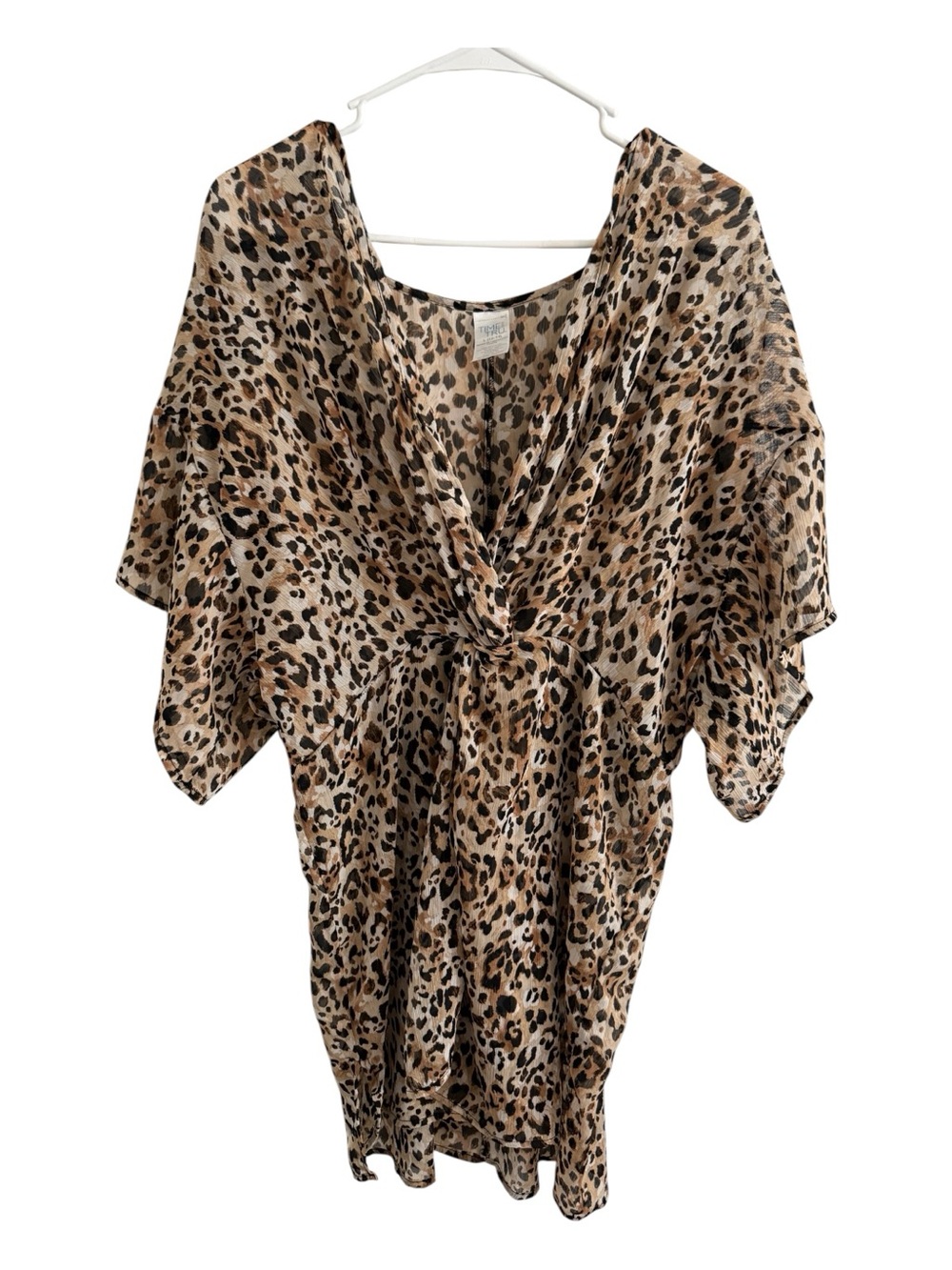 Time and Tru Leopard Print Dress L Flowy Boho V-Neck Kimono Sleeve Animal Print